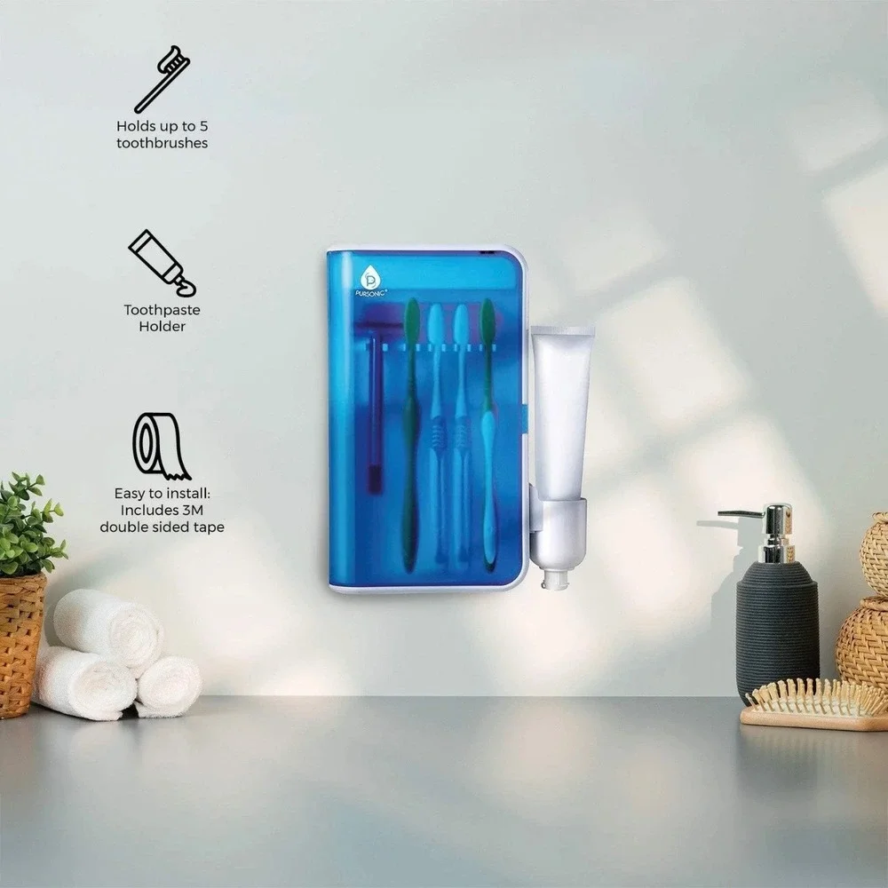 Pursonic UV Toothbrush Sanitizer Wall Mount Holder Case Blue White S2 New